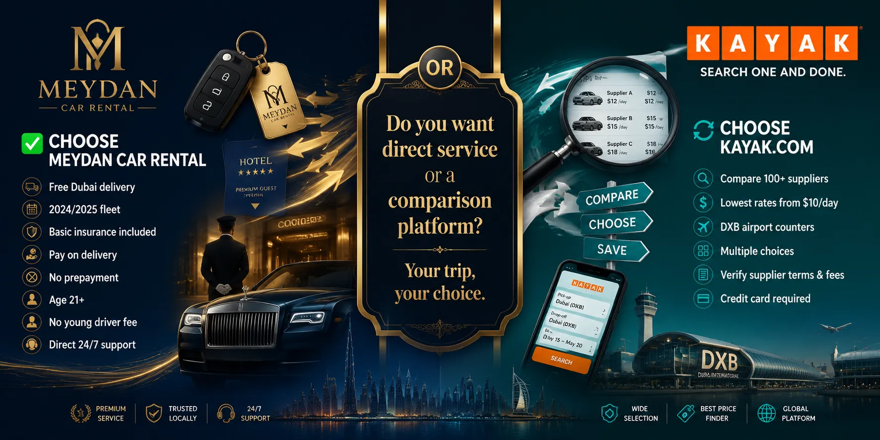 Meydan Car Rental vs Kayak in Dubai