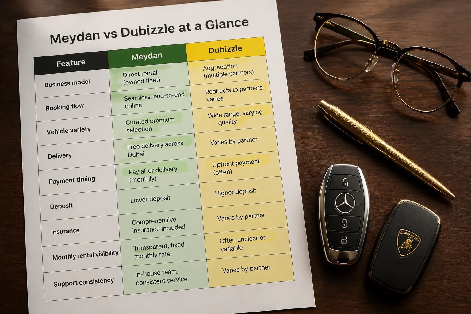 Meydan Car Rental vs Dubizzle is not a standard side-by-side rental brand comparison. Meydan Car Rental is a direct rental provider, while Dubizzle is a marketplace where different rental companies and advertisers list cars.