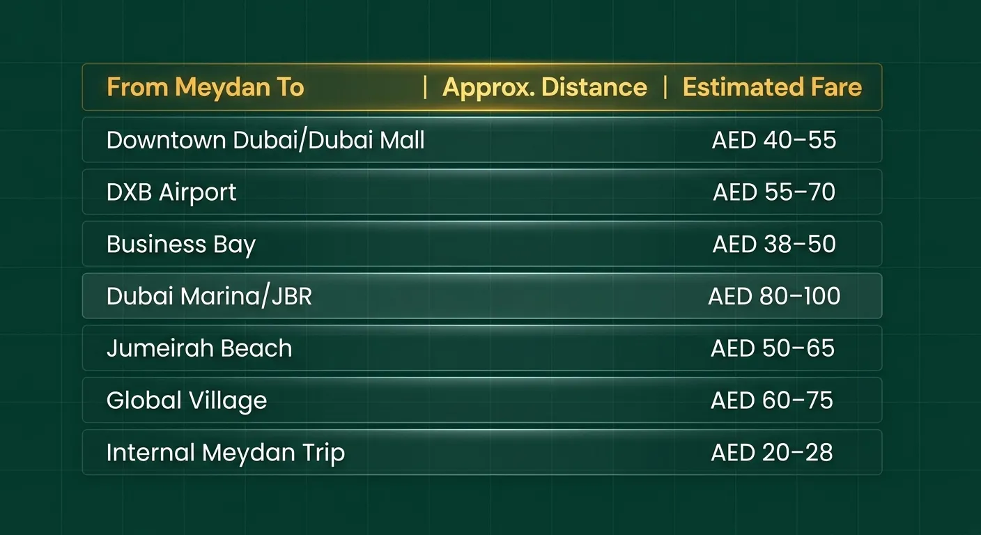 taxi cost in Meydan Dubai