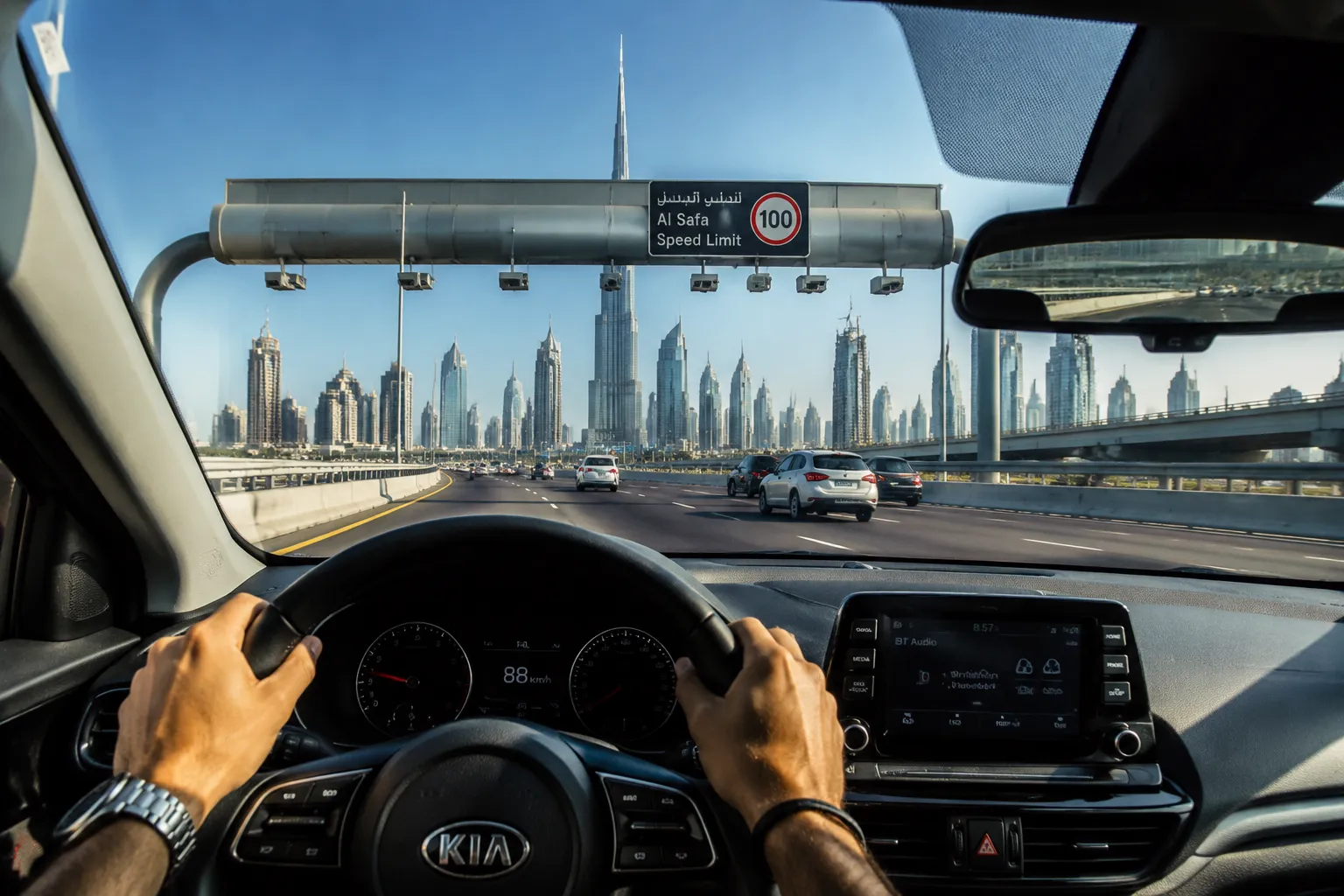Driver viewing a Dubai speed-limit sign and traffic enforcement cameras from inside a rental car