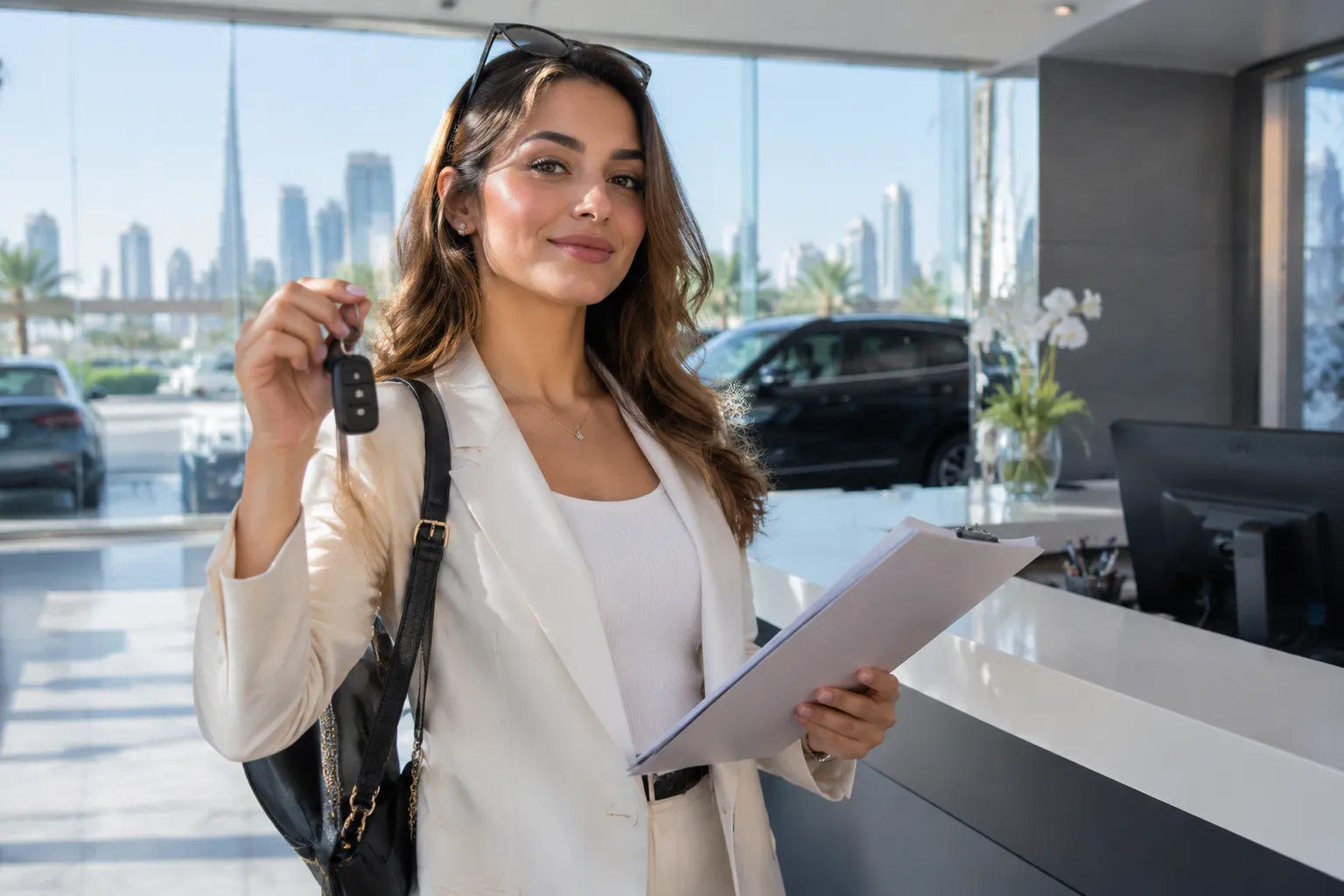 Rental customer receiving car keys after completing vehicle handover in Dubai