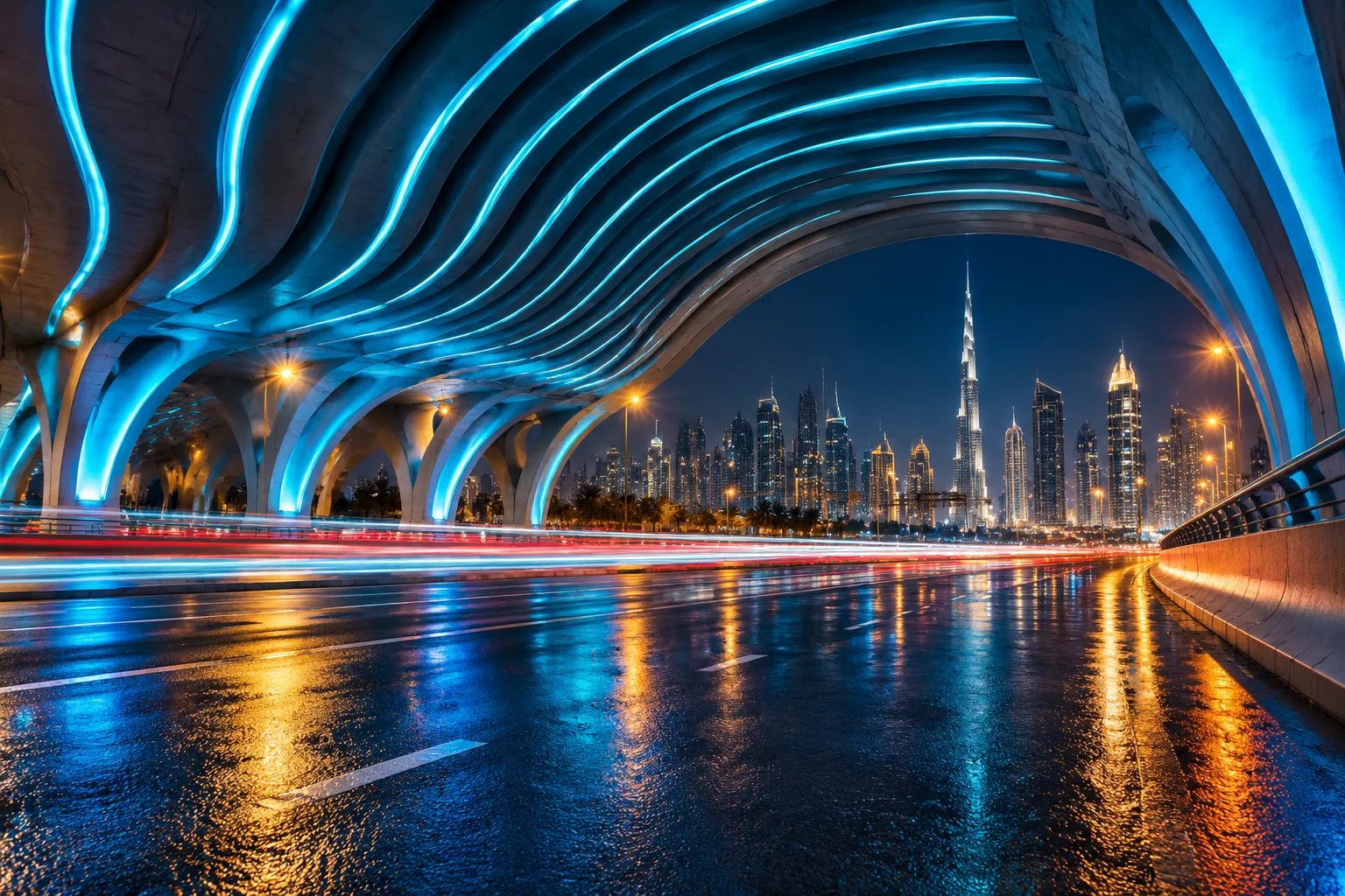 Meydan Bridge illuminated blue LED ribs at night, ideal for automotive photography