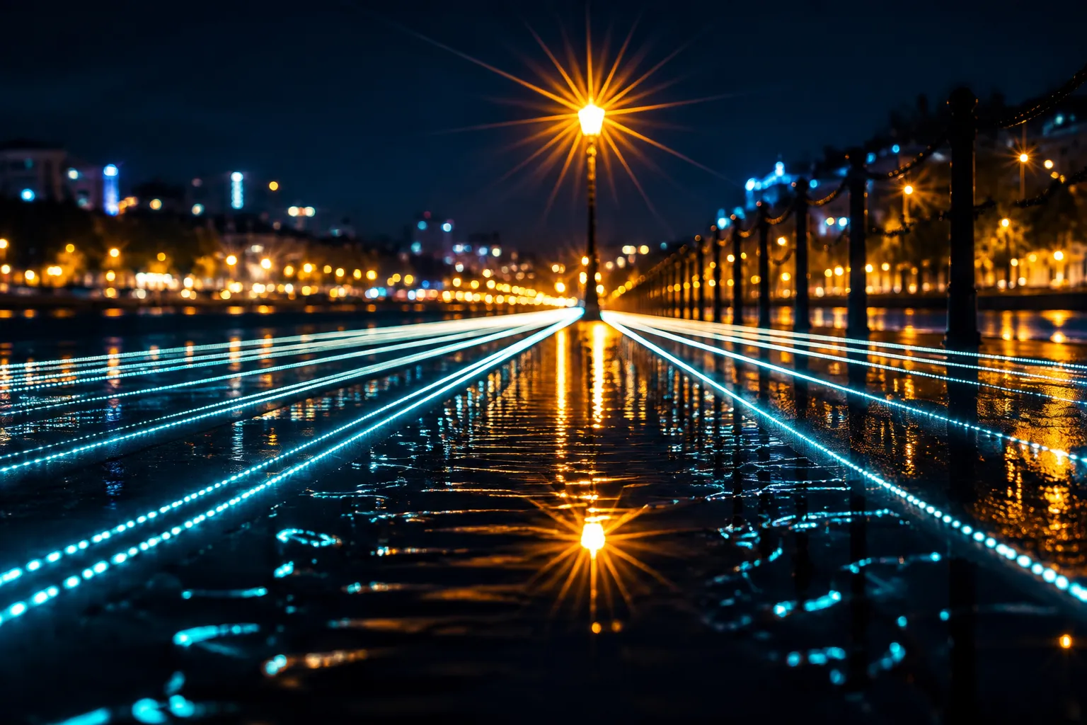 Long-exposure light trails on Meydan Bridge with the Downtown Dubai skyline in the background