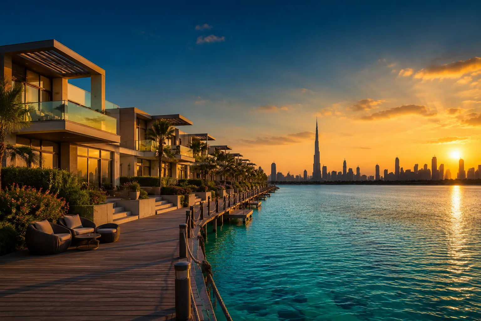 District One waterfront with the Burj Khalifa reflected across the crystal lagoon