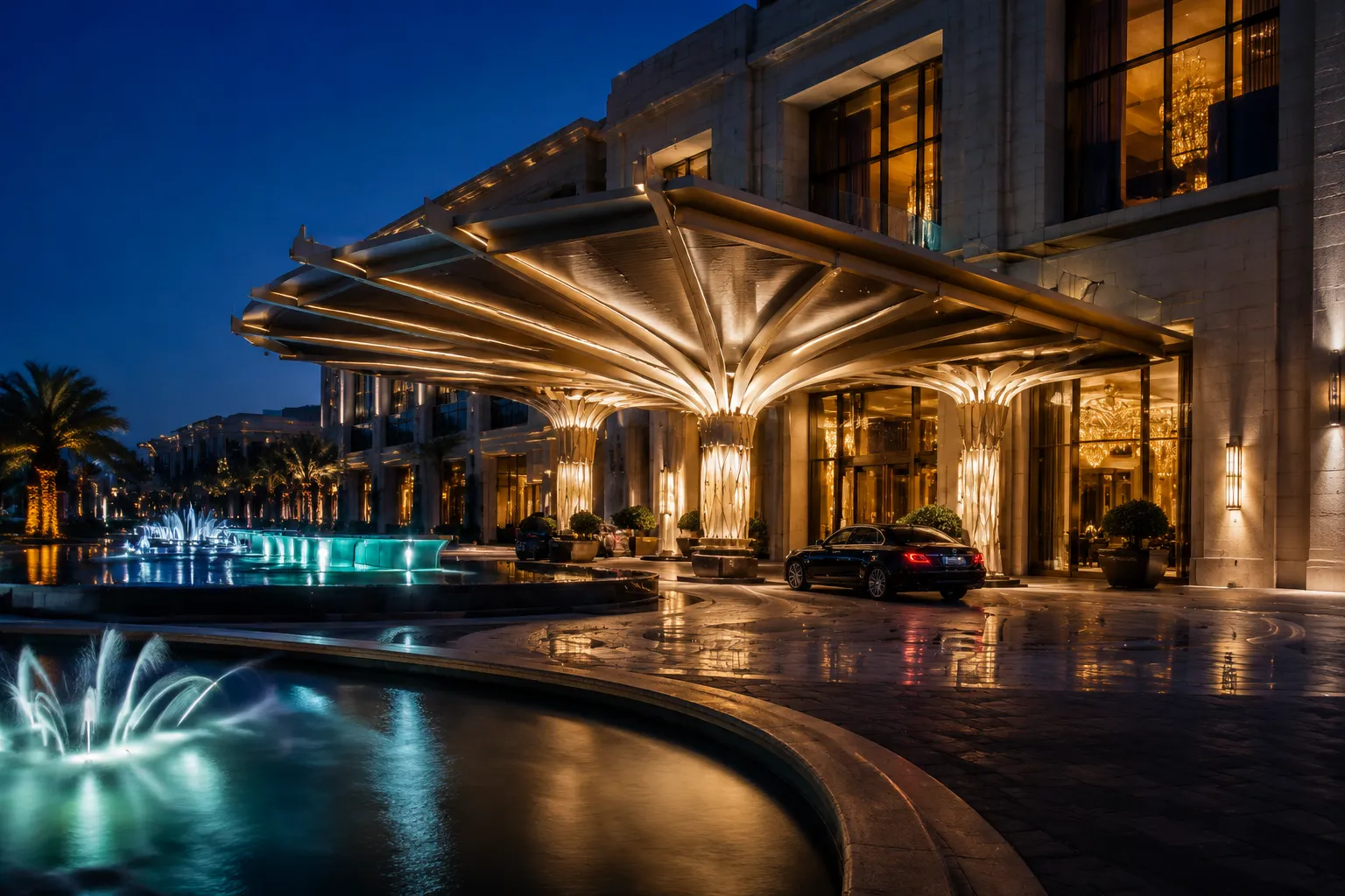 The Meydan Hotel's curved grandstand exterior architecture