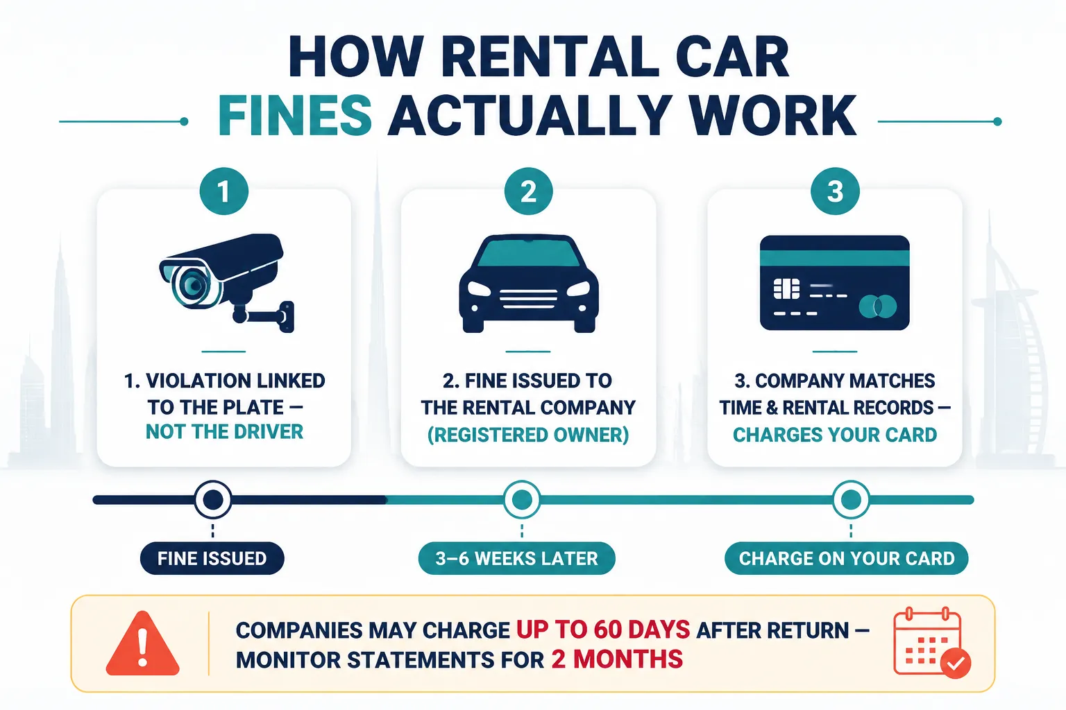 Infographic explaining how a Dubai rental car traffic fine is matched to a rental period