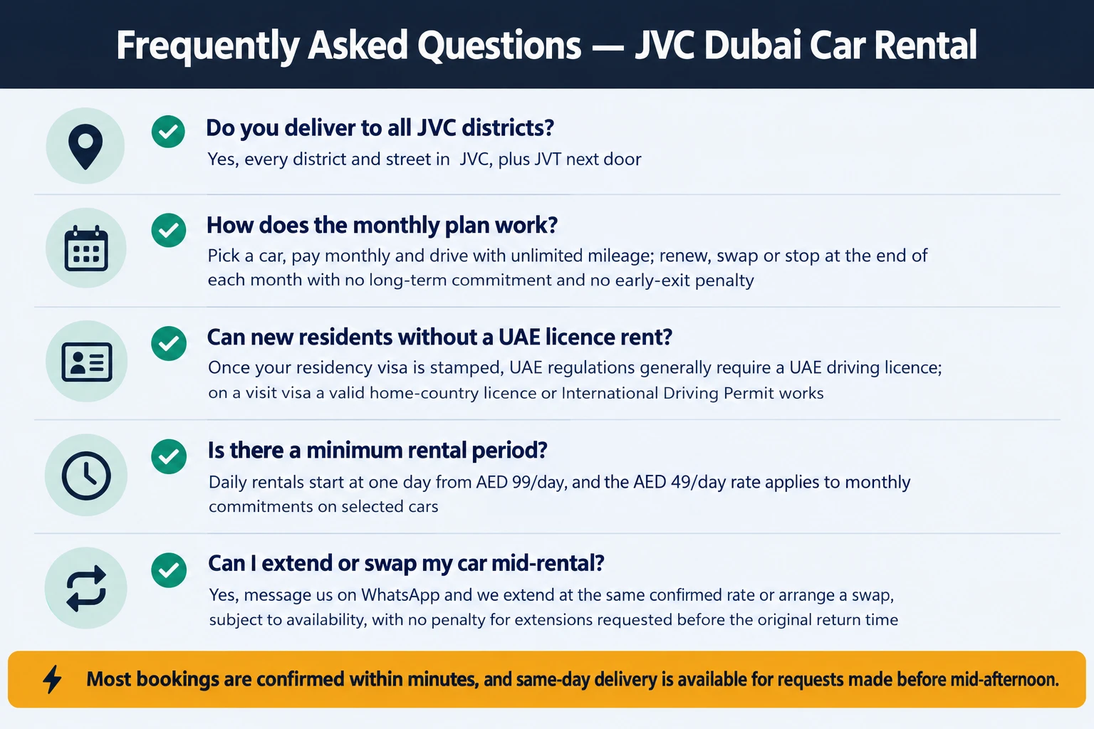 JVC Dubai car rental frequently asked questions - Meydan Car Rental