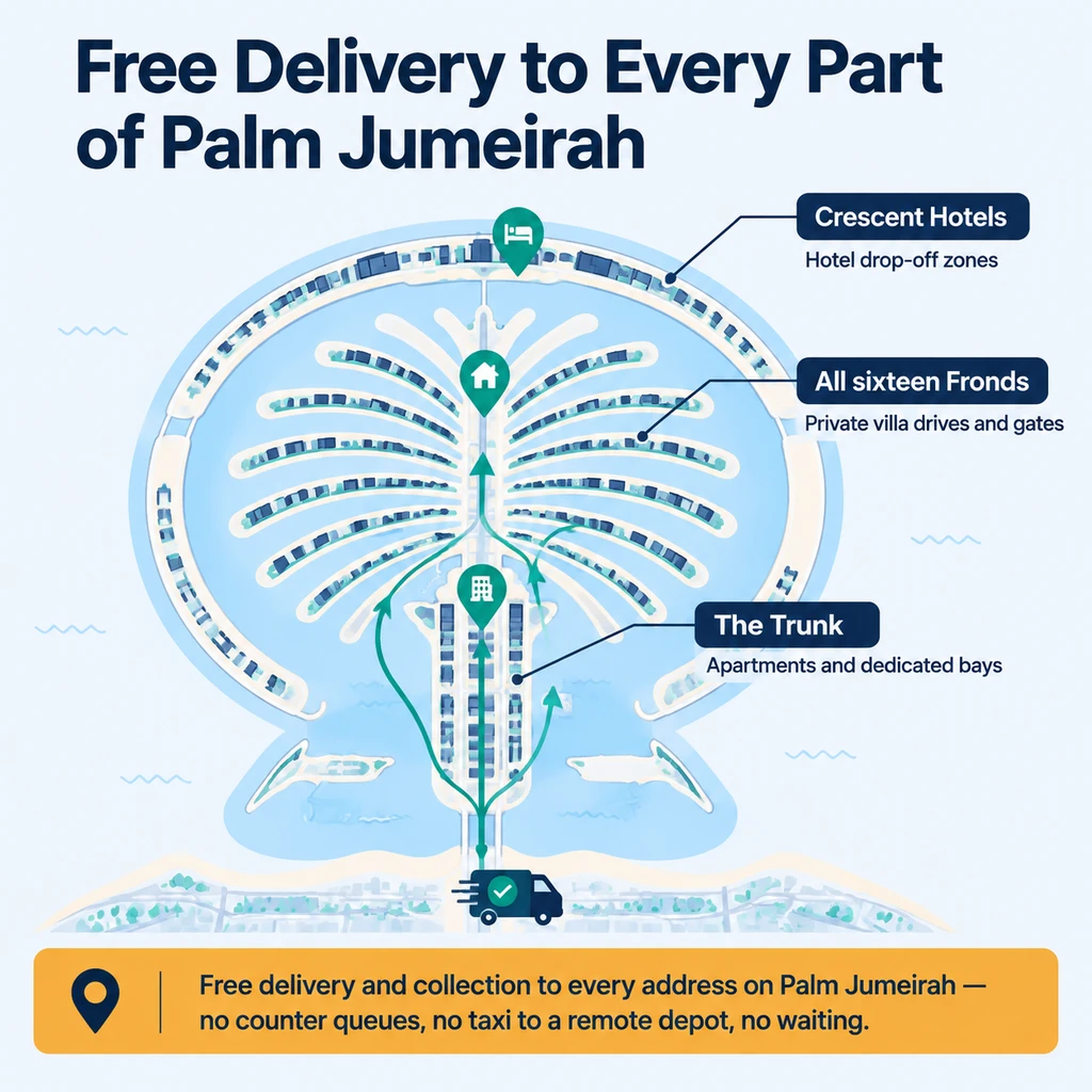 Free Car Rental Delivery Zones Map across Palm Jumeirah