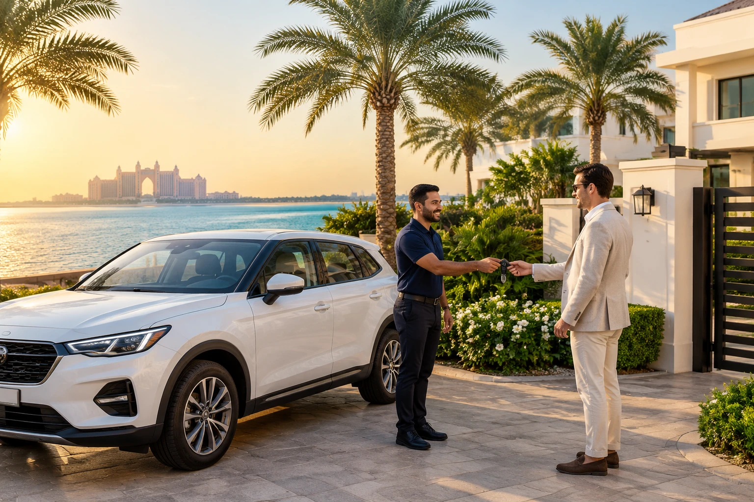 Car delivery at Palm Jumeirah Frond villa gate - Meydan Car Rental
