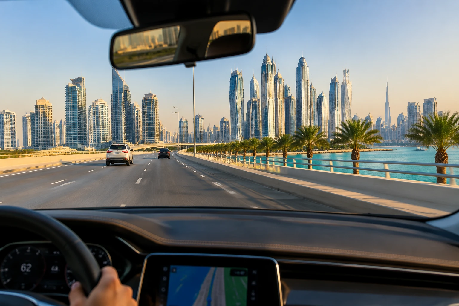 Driving over Palm Jumeirah Bridge towards Sheikh Zayed Road