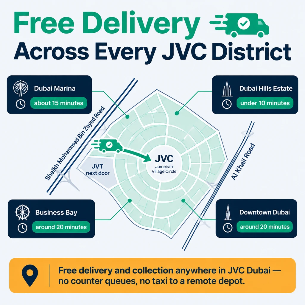 Free Car Rental Delivery Zones Map across all JVC and access times - Meydan Car Rental