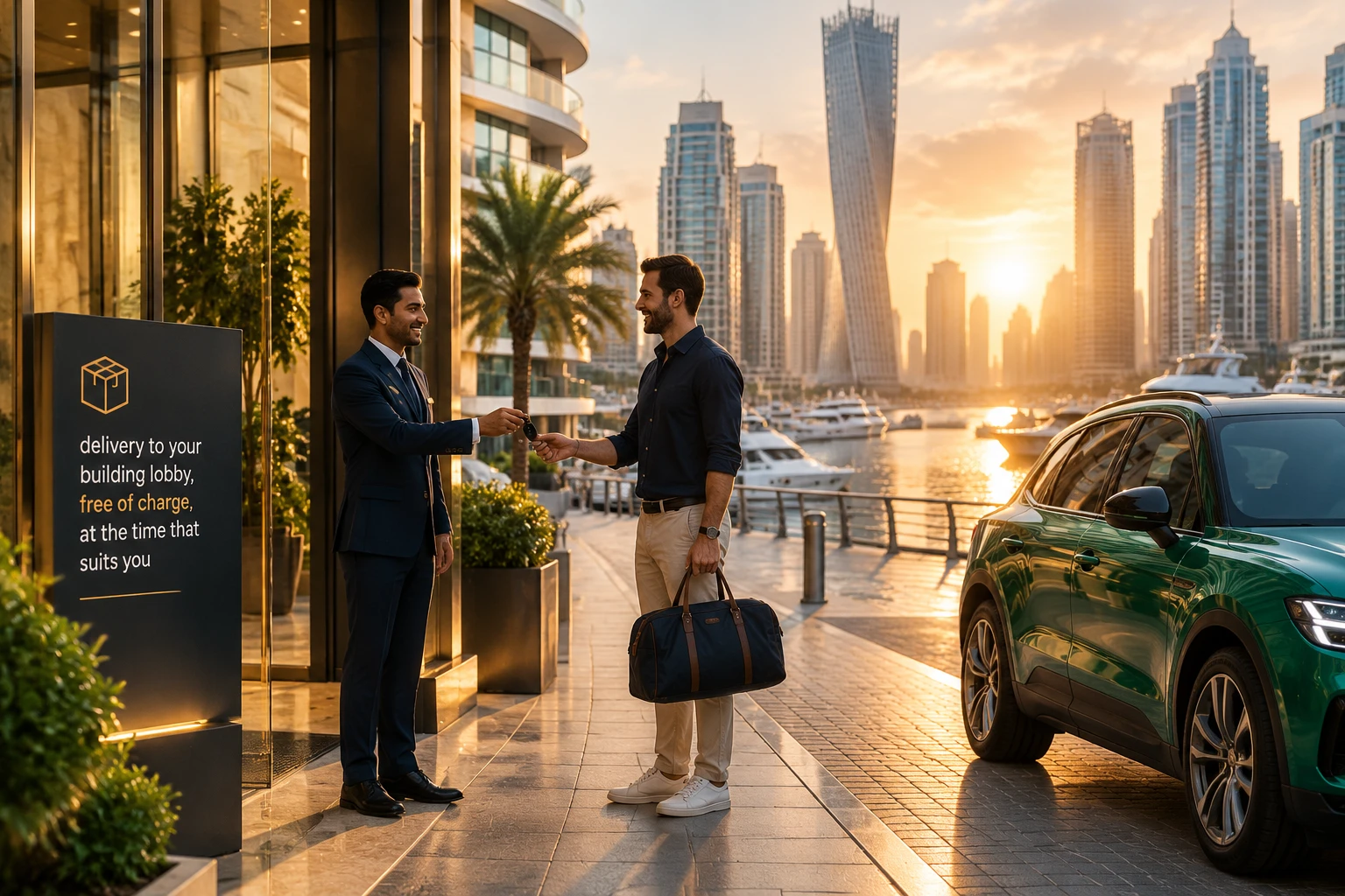 Dubai Marina waterfront with luxury yachts moored along the promenade - Meydan Car Rental