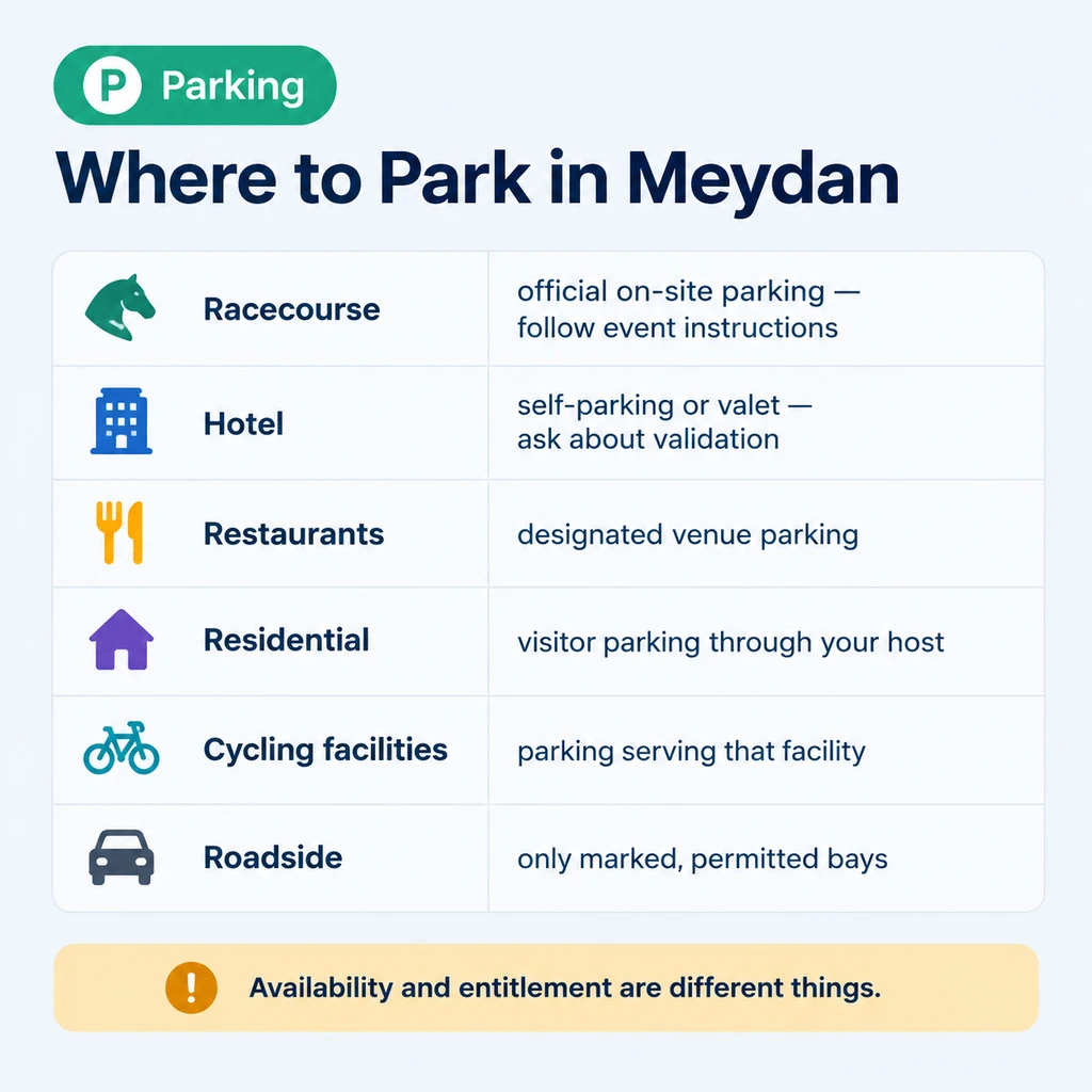 Parking in Meydan depends on the destination and event arrangements
