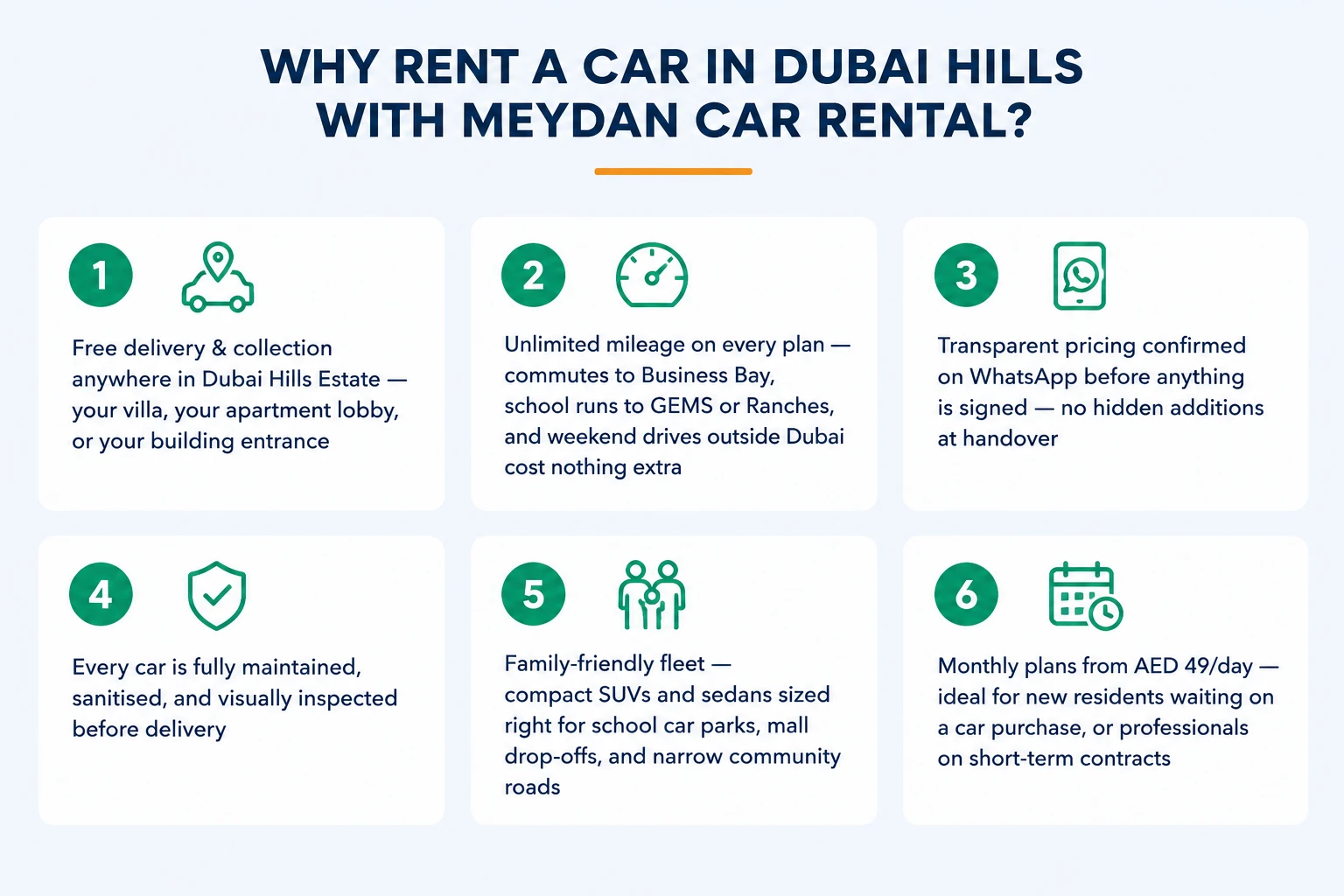 Why Rent a Car in Dubai Hills with Meydan Car Rental Infographic