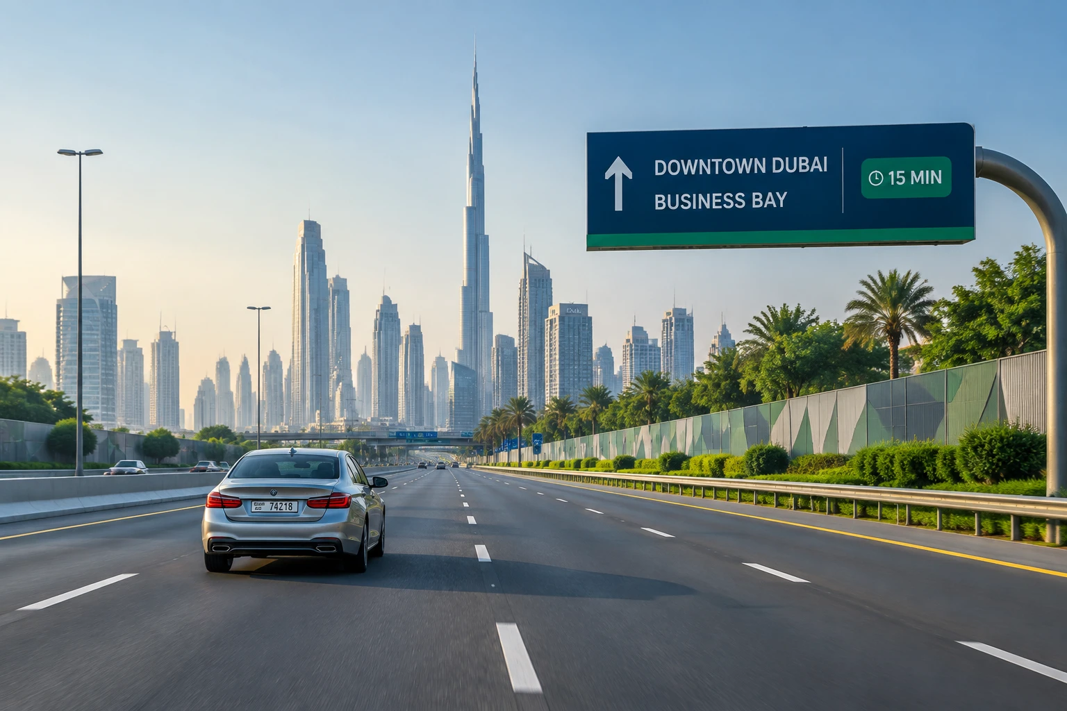 Car driving smoothly on Al Khail Road towards Dubai Hills Estate