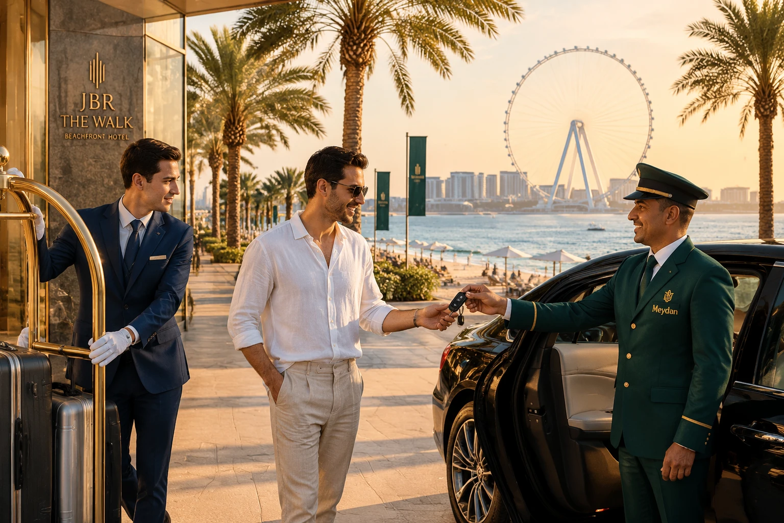 Beachfront hotel entrance on JBR The Walk promenade with seamless car delivery