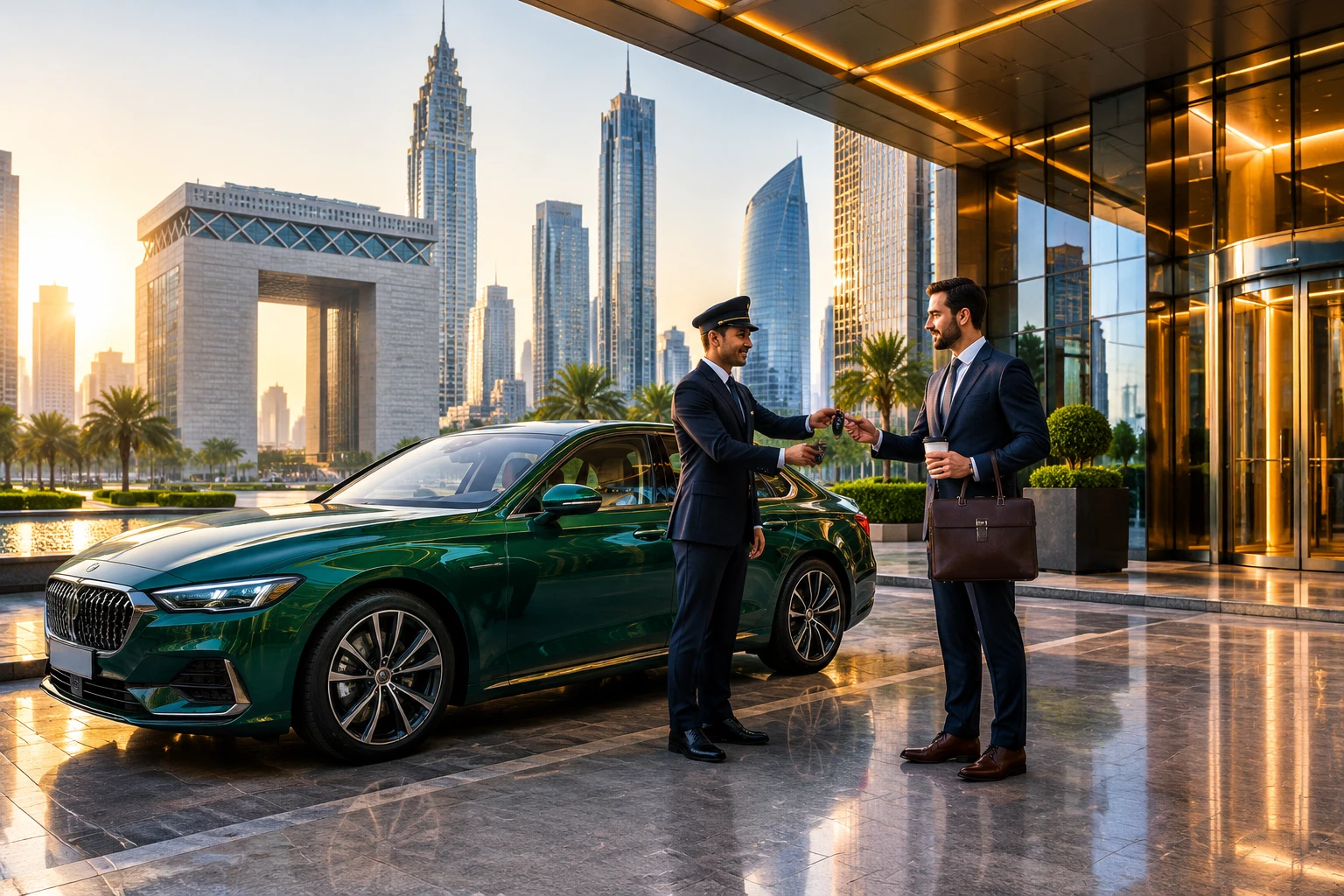 Car rental delivery to financial tower entrance in DIFC before morning meetings