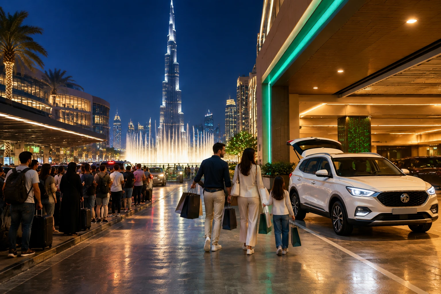 Business car rental delivery in front of Downtown Dubai hotel
