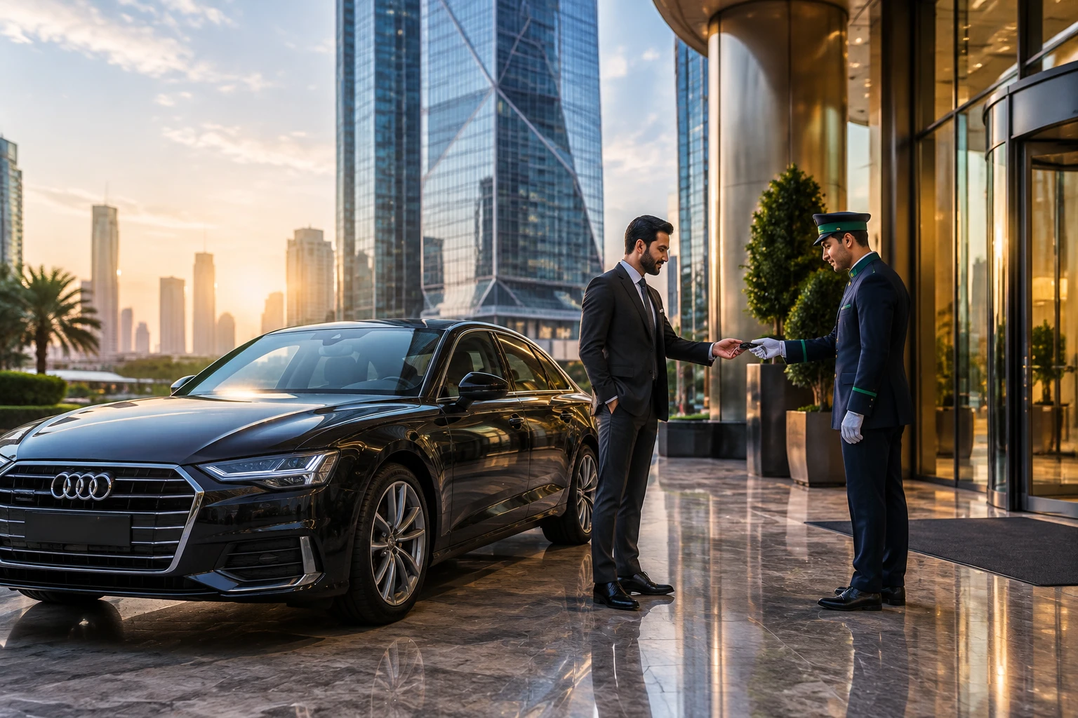 Audi A6 ready for client meetings in front of Address DIFC