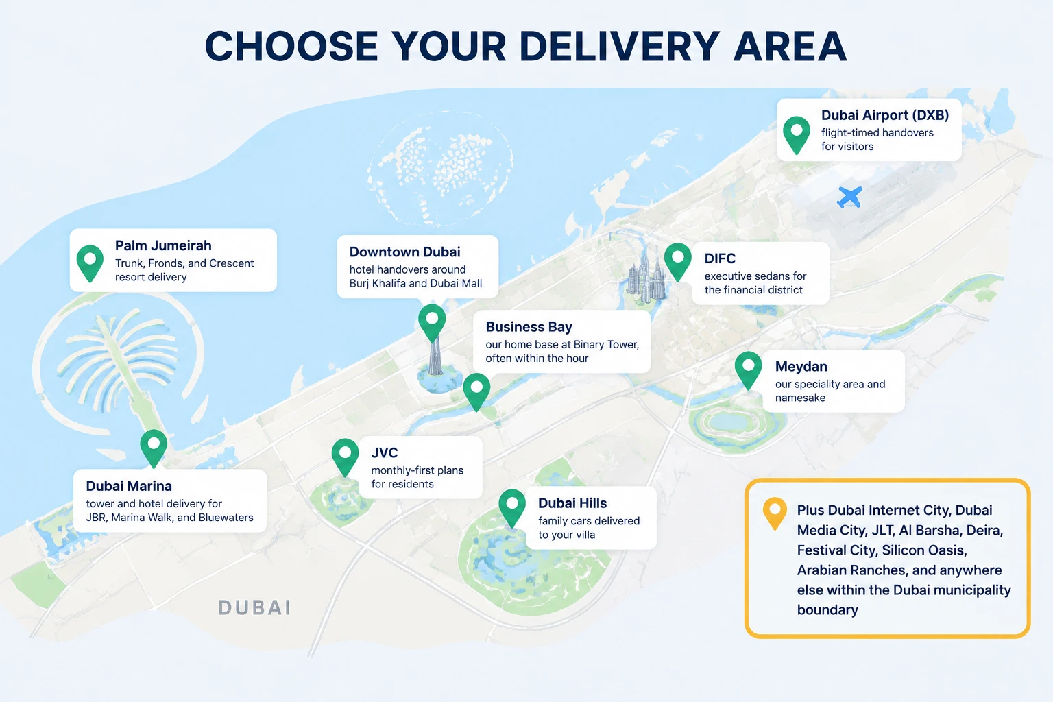Map of 9 Dubai car rental delivery zones plus extended coverage